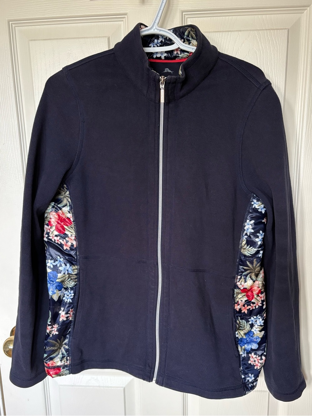 Tommy Bahama Women's Blue Floral 90's Cotton Zip Up Sweater Size Large Resort